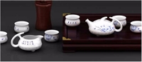 國色天香（羊脂玉瓷青花茶具八件套）